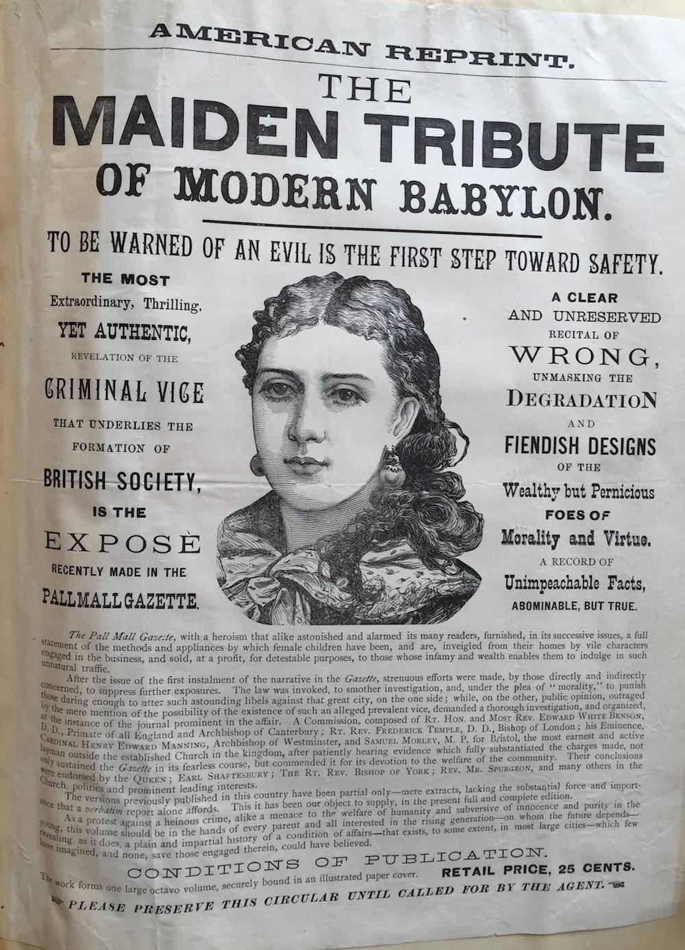 A newspaper front page from 1885, with black text on white background, including an in engraved image of a young white woman's face in the centre. The text decrys the horrors of the 'white slave trade'.