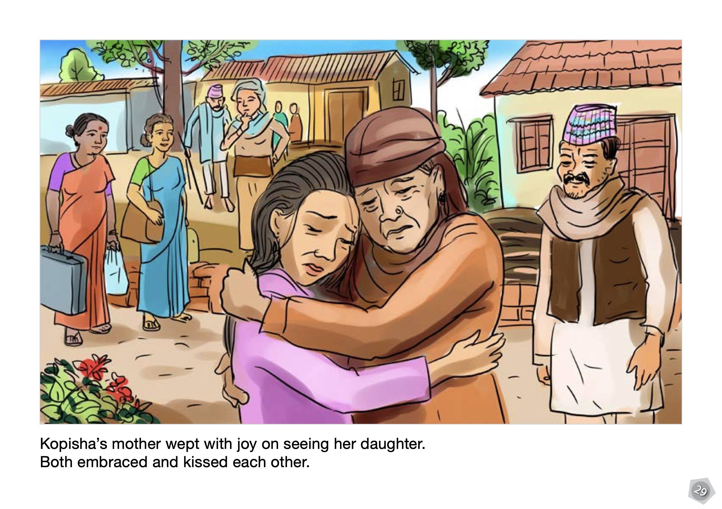 A cartoon depiction of two women, one older and one younger, hugging each other as people look on in the street.