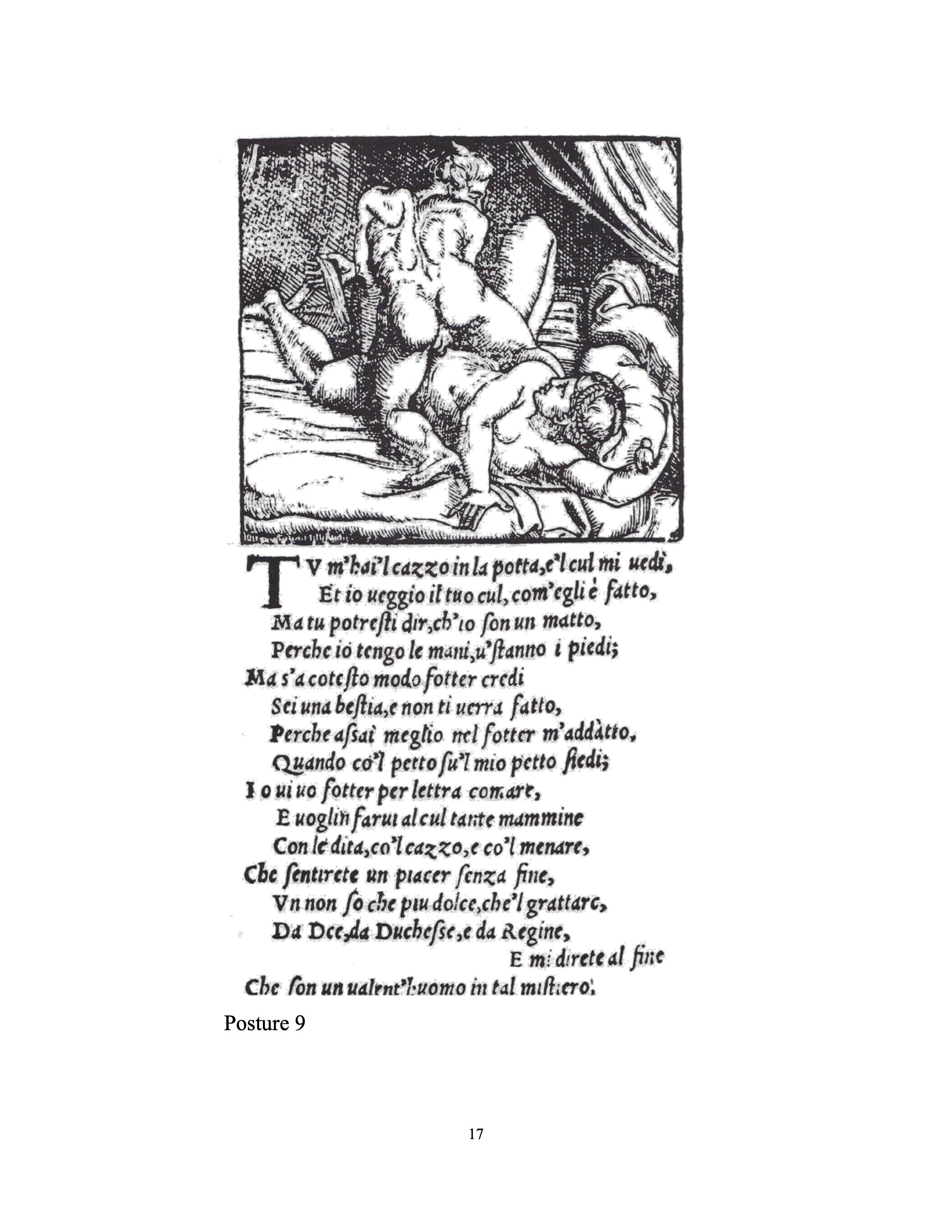 a black and white erotic etching featuring two people writhing on a bed, with latin text underneath.