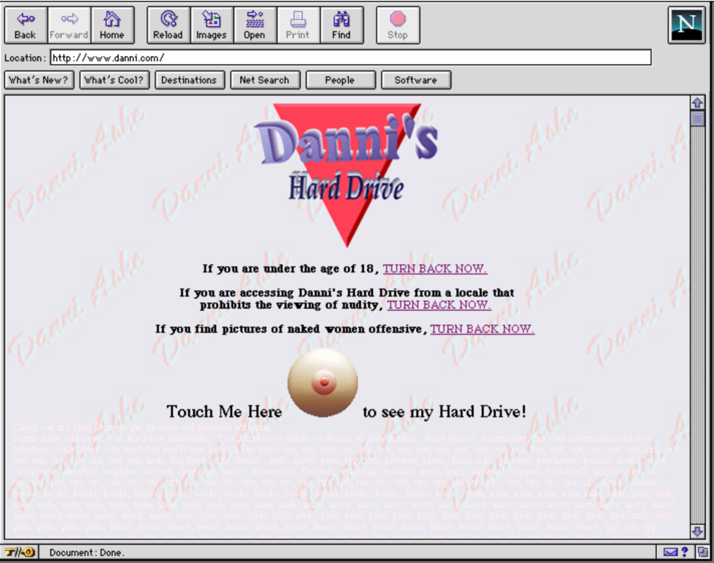 A screen shot of a simple website page that says 'Danni's Hard Drive'. A prominent nipple features on the screen next to the text 'touch me here to see my Hard Drive!'