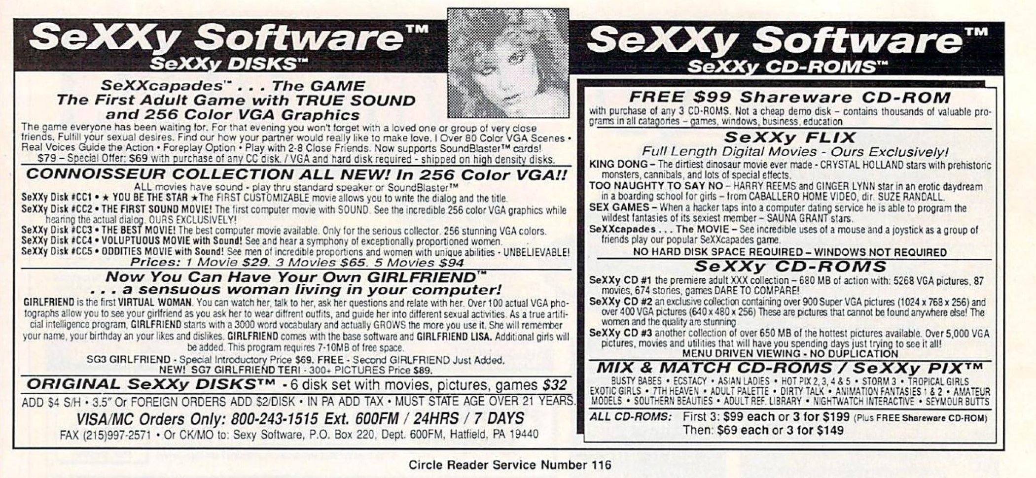 An advert from a magazine that feature a close up of a woman's fac with eighties hair. The text says 'SeXXy SoftwareTM: SeXXy CD-ROMsTM'