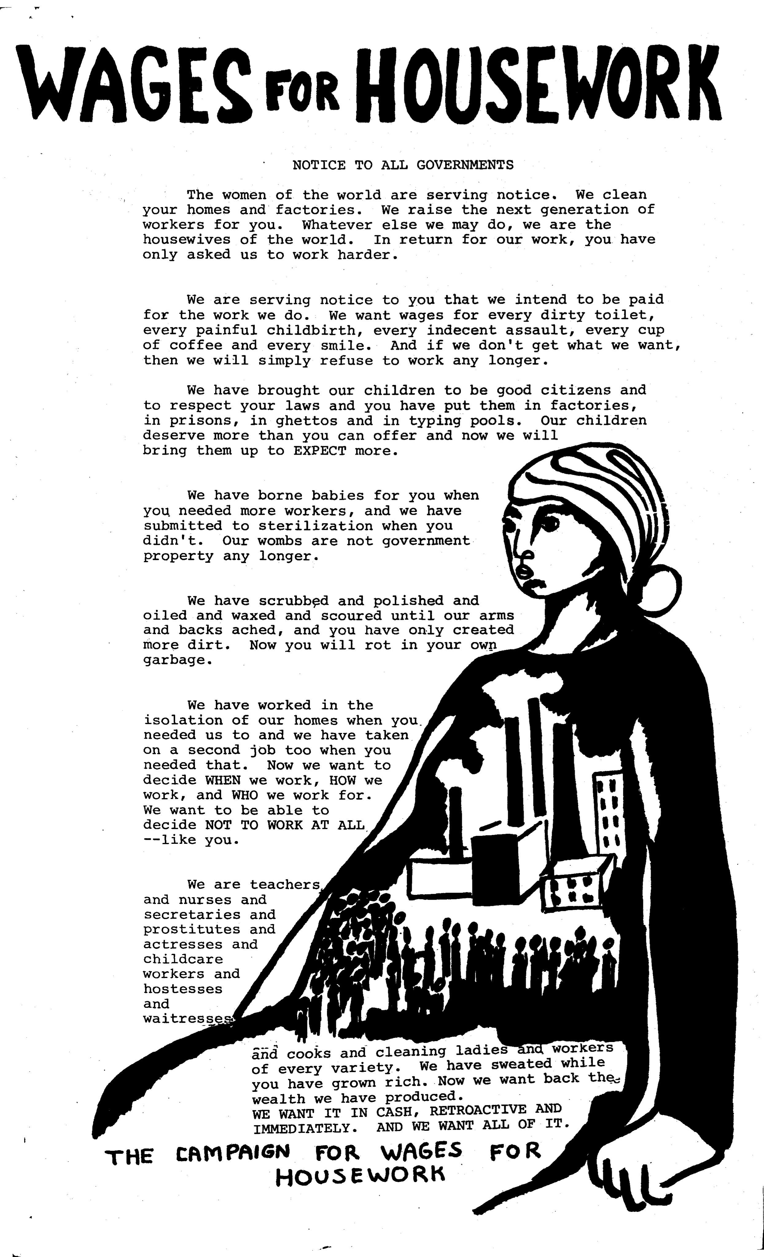 A leaflet from the Wages for Housework Campaign featuring campaign text and a drawing of a woman sitting down, inside her is the sillouettes of workers and a factory'.