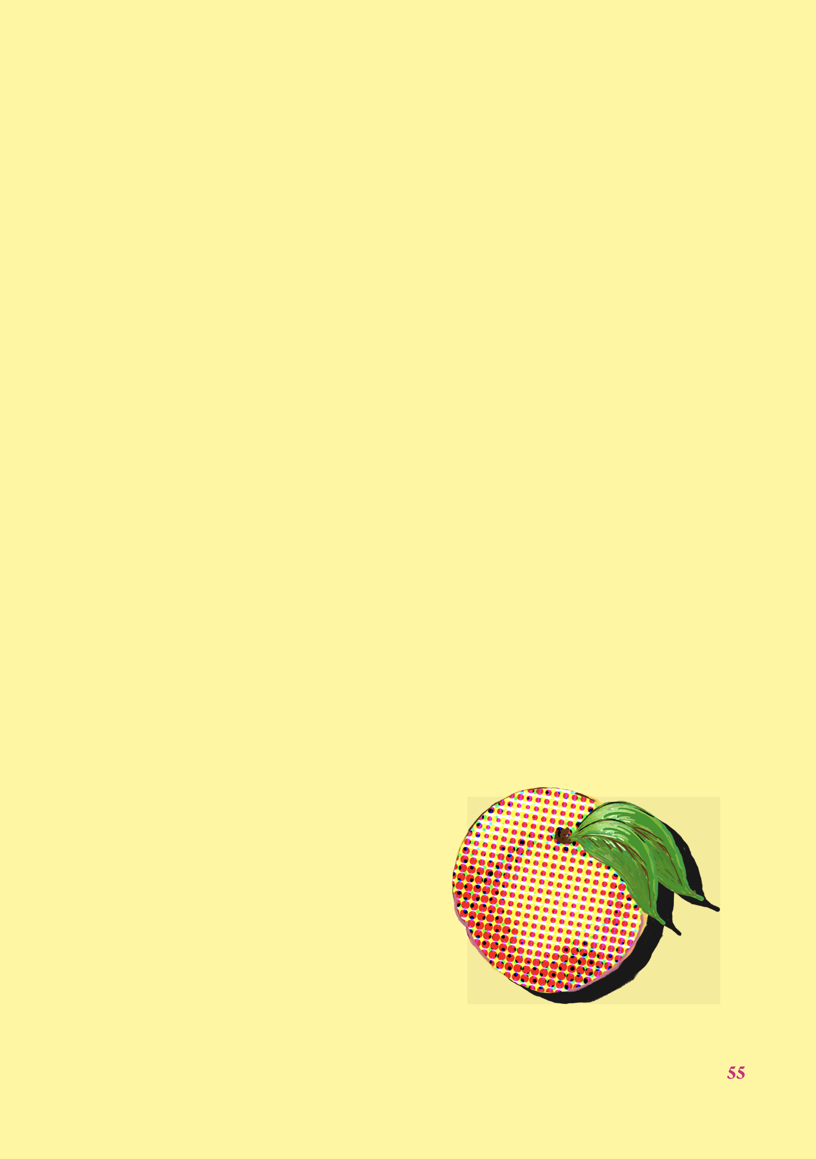 A light yellow background with nothing else on it except for a small peach with a single green leaf in the bottom right hand corner, made up of purple, orange and yellow dots.