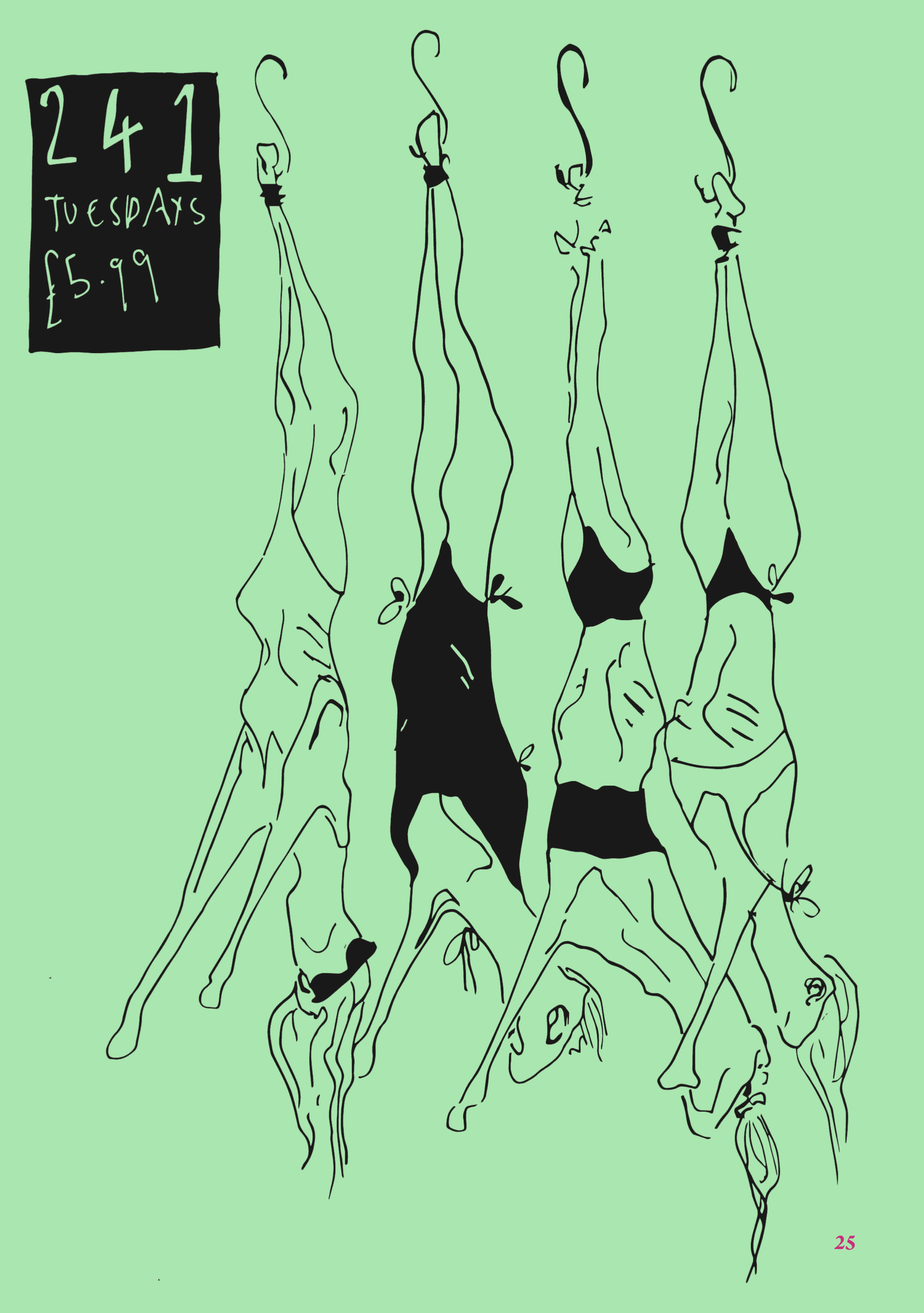 A light green background with a black ink drawing of bodies hanging from meat hooks. The black text in the top left hand corner reads: 241 Tuesdays £5.99.