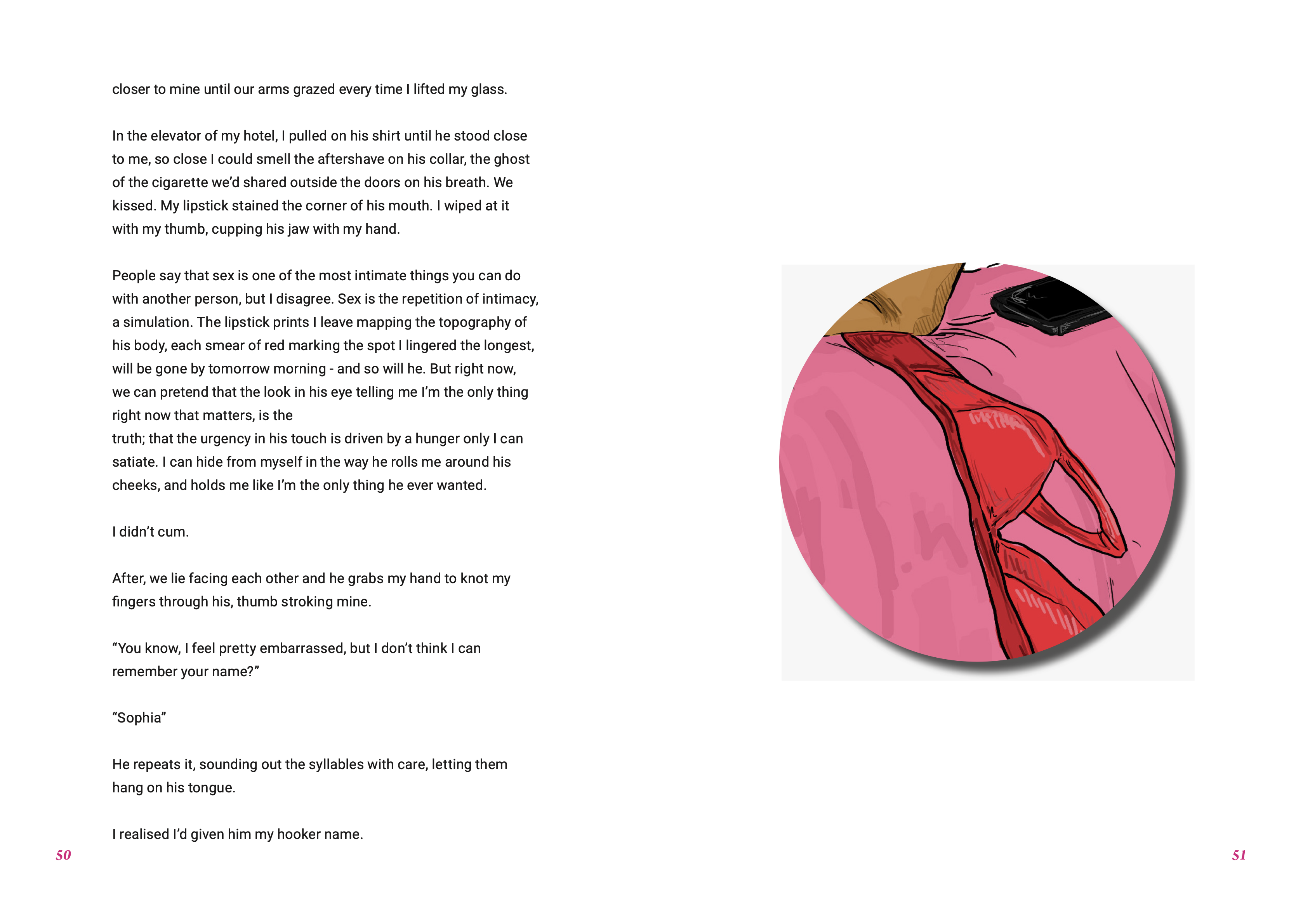 A white page with several paragraphs of black text from the Writing Our Futures zine. There is also a smaller, cropped image from the front cover, featuring a red bra on a pink bed.
