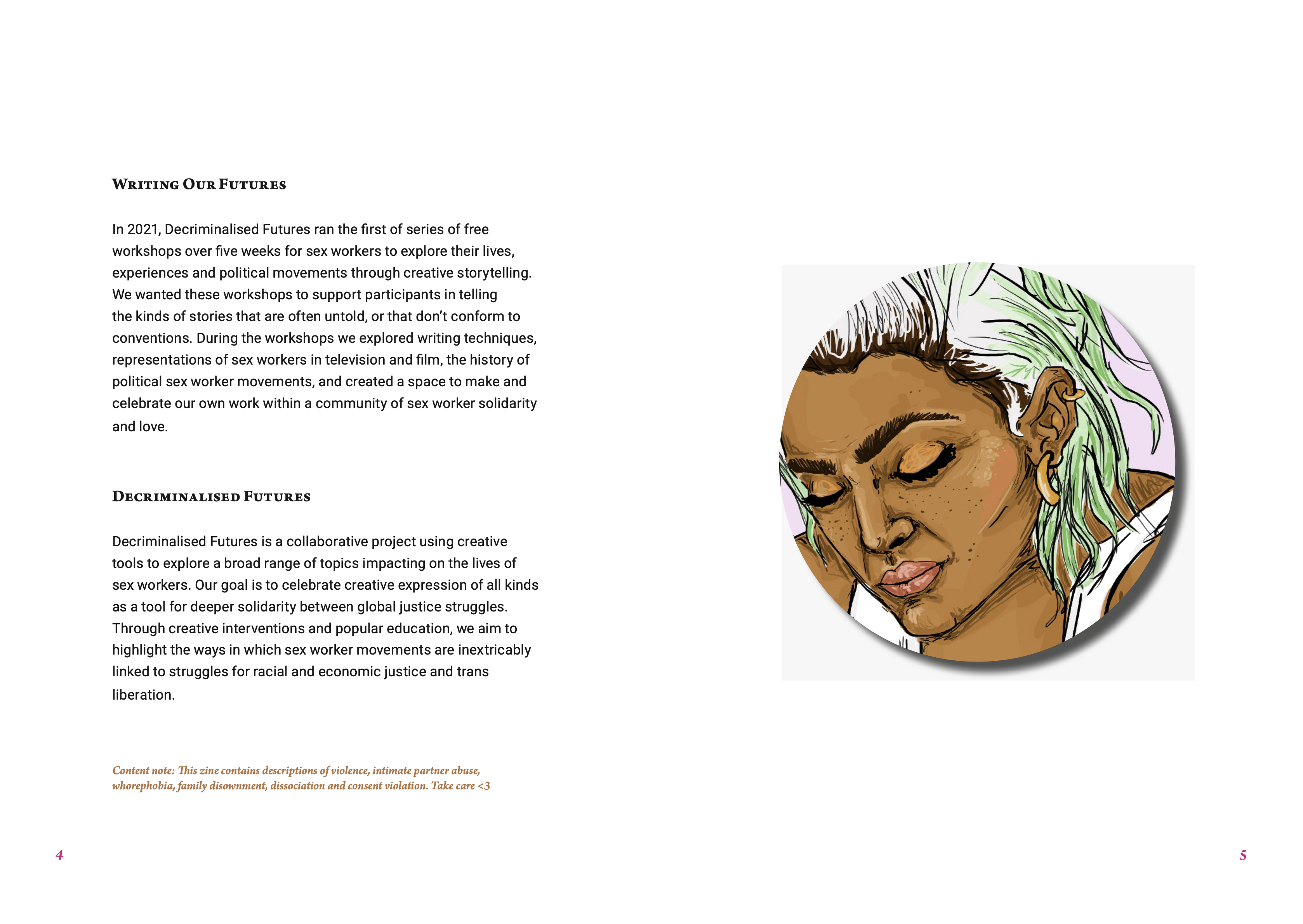 A white page with several paragraphs of black text from the Writing Our Futures zine. There is also a smaller image of the same sex worker from the front cover, with brown skin and green hair.