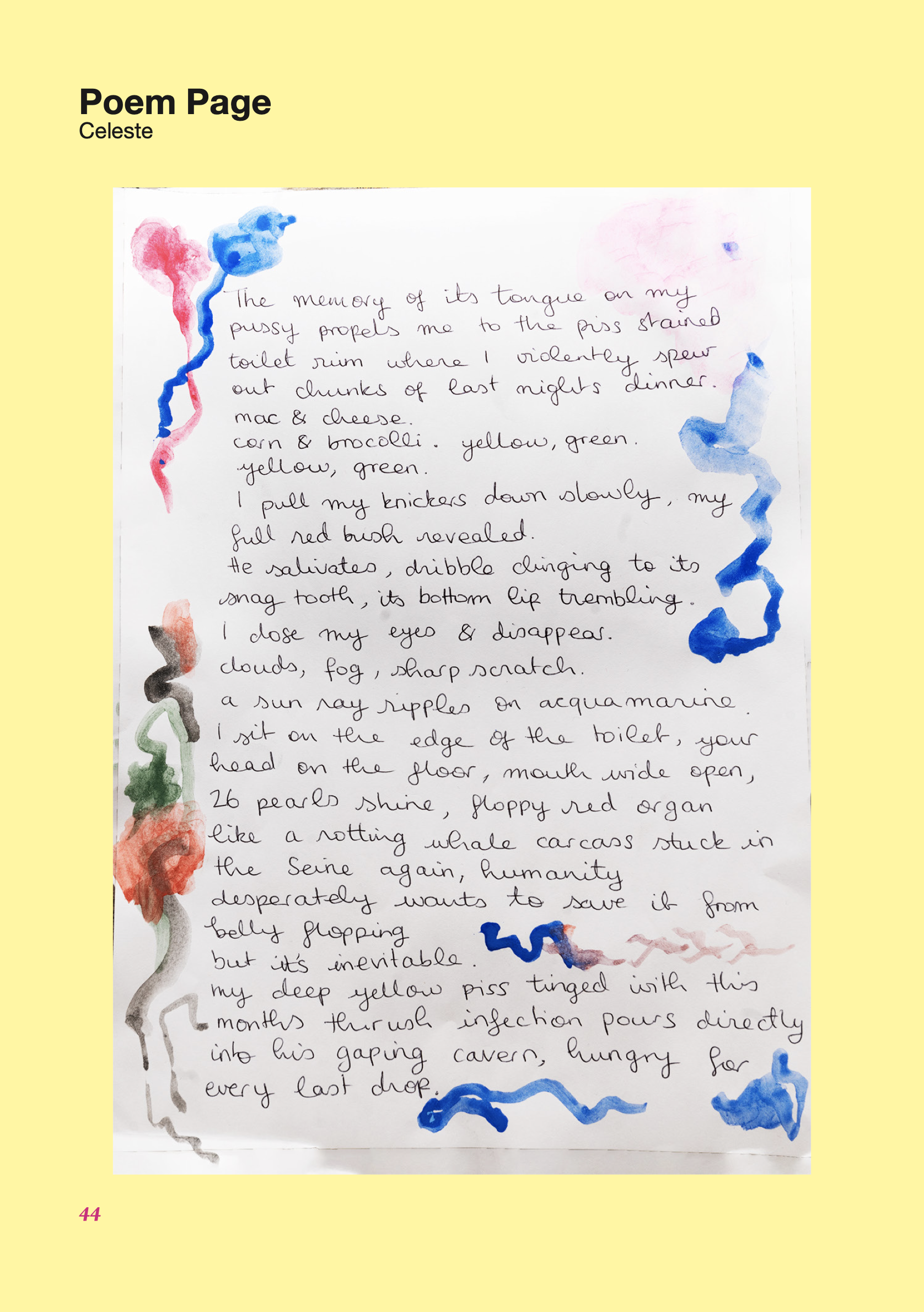 A light yellow background with a white page in the centre, covered with handwritten black text and brightly coloured pen scrawls at the edges.