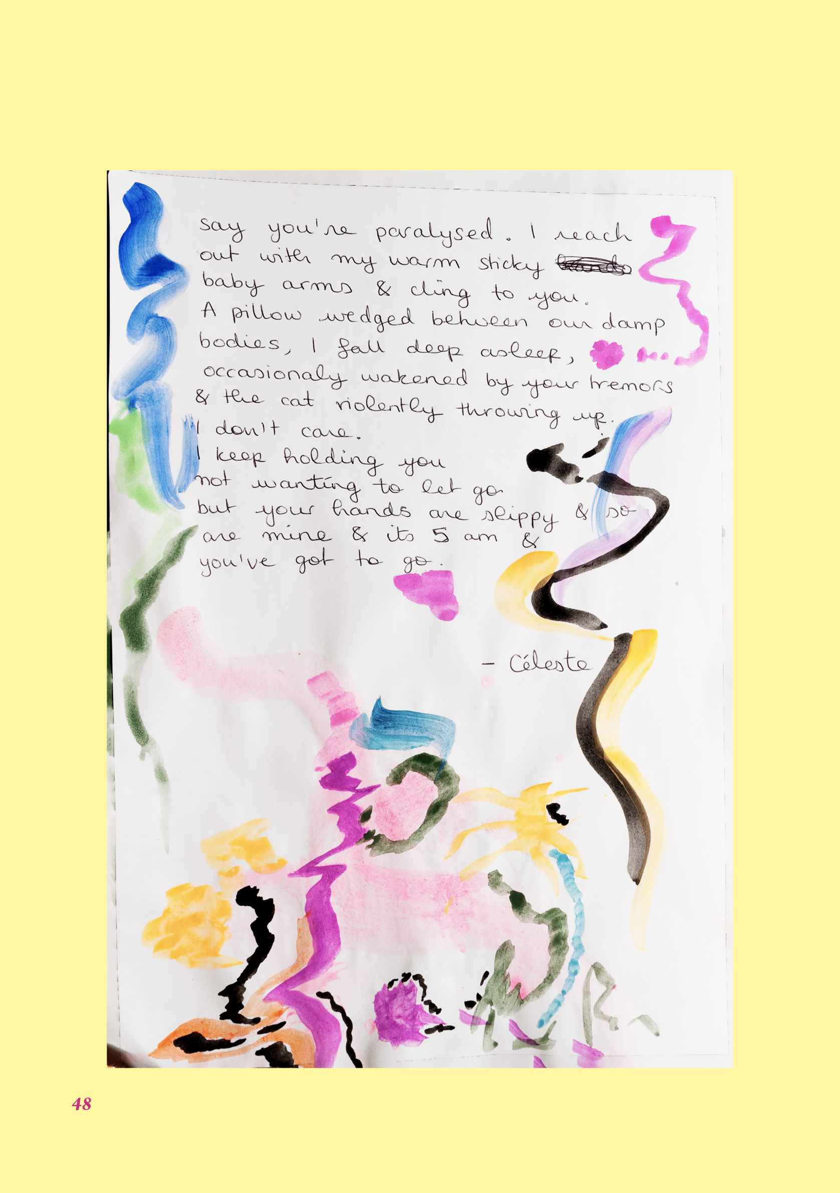 A light yellow background with a white page in the centre, covered with handwritten black text and brightly coloured pen scrawls at the edges.
