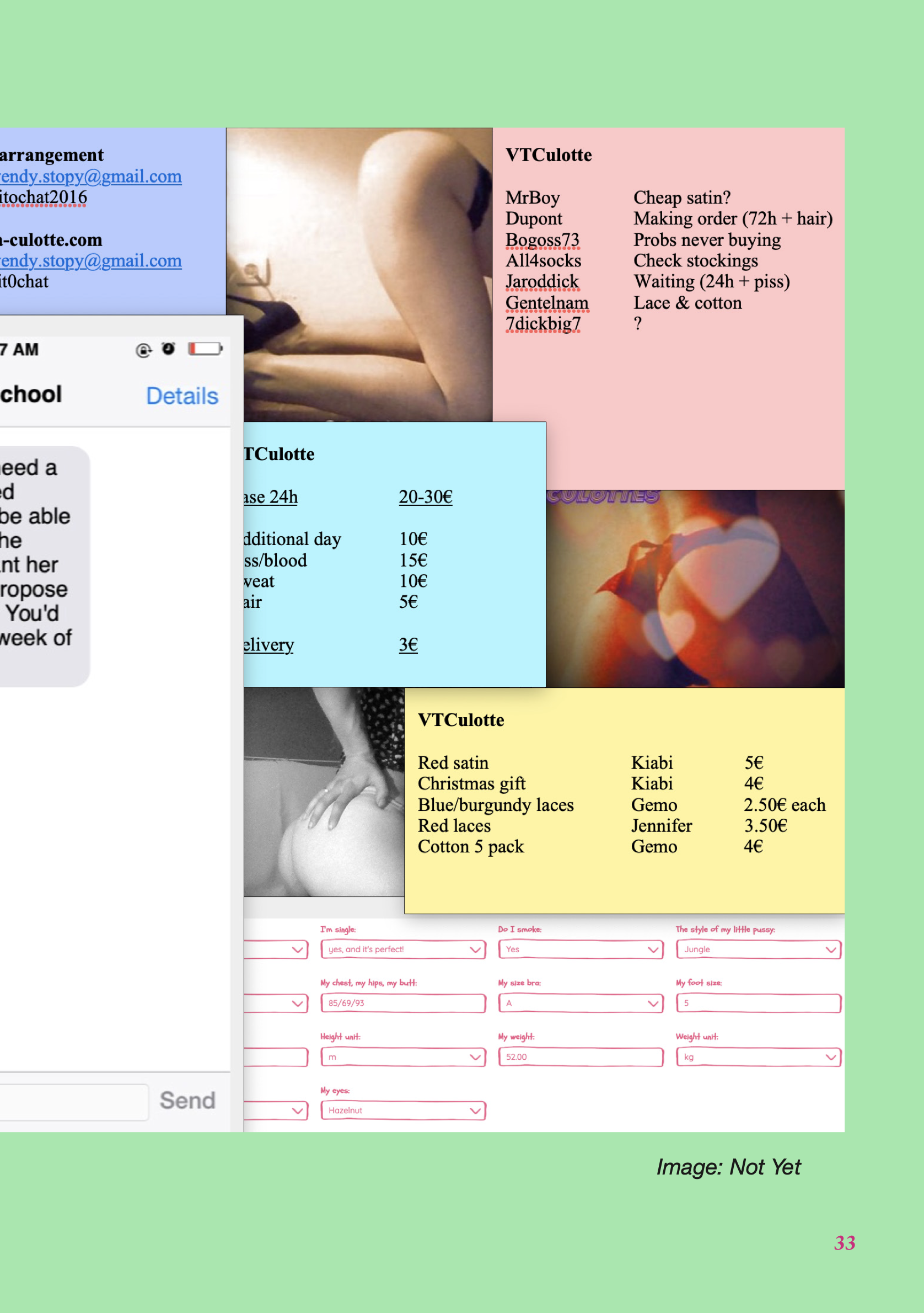 A green background with a collage of multi coloured images overlayed, depicting a sex worker's monthly expenses, as well as three close up images of white bums in provactive underwear.