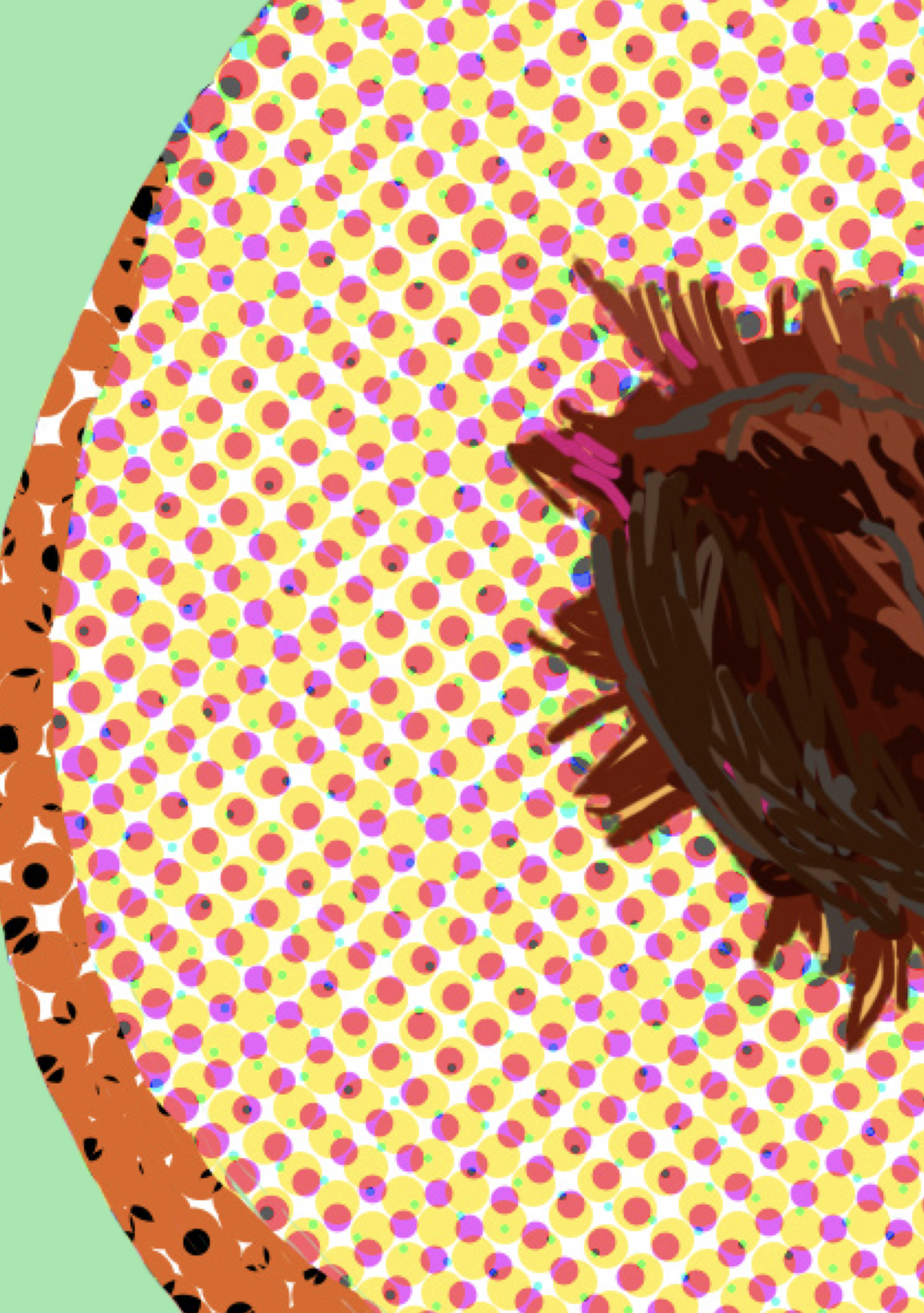 A light green background with a large halved peach taking up most of the page, made up of multiple orange, yellow and purple dots.